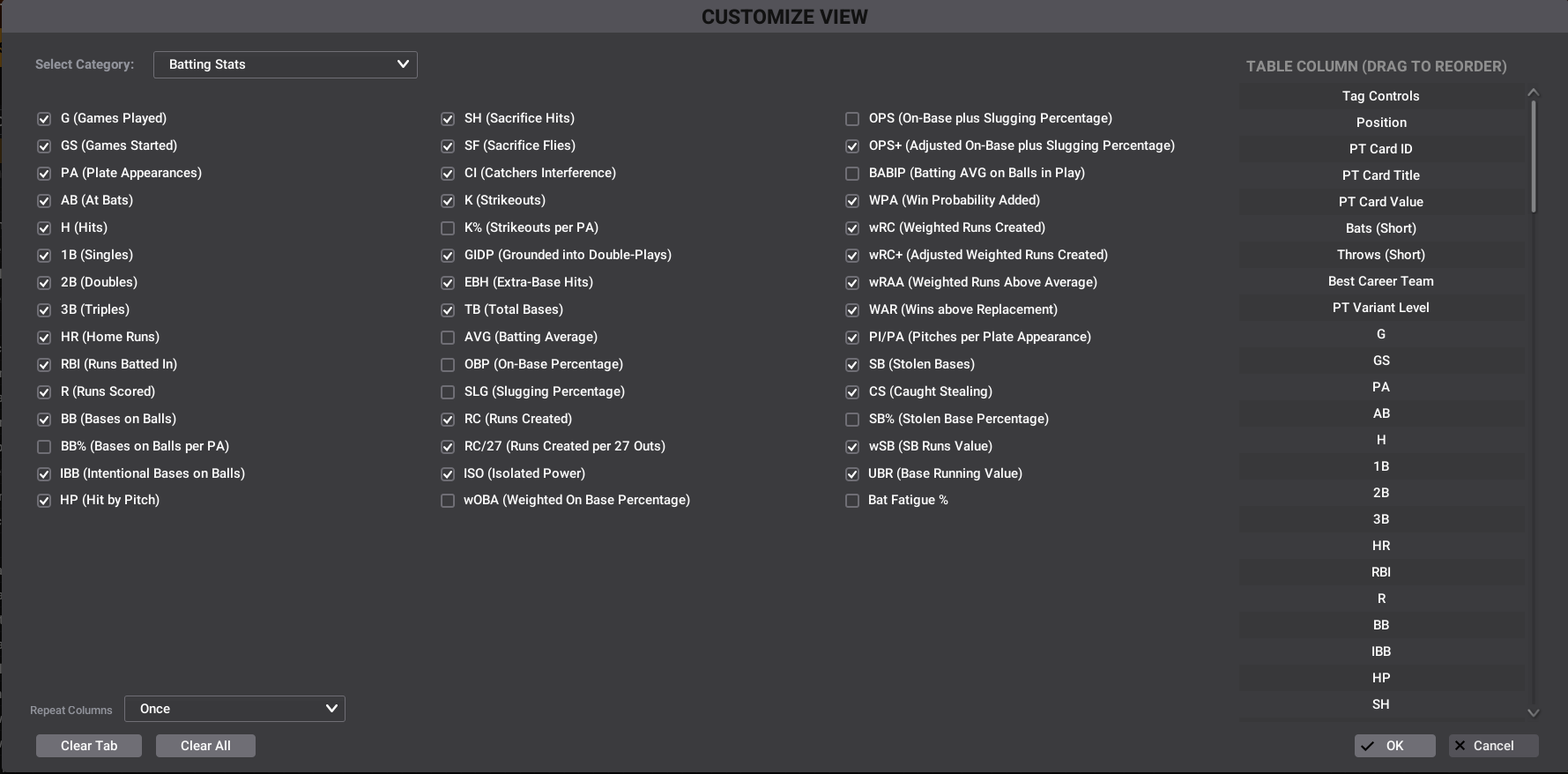 Batting Stats customize view example