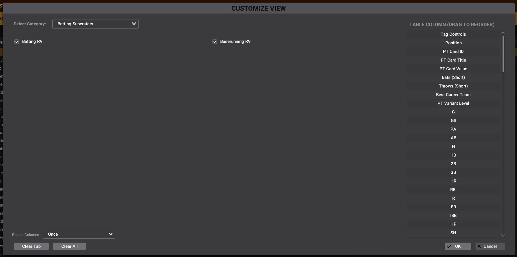 Batting Superstats customize view example