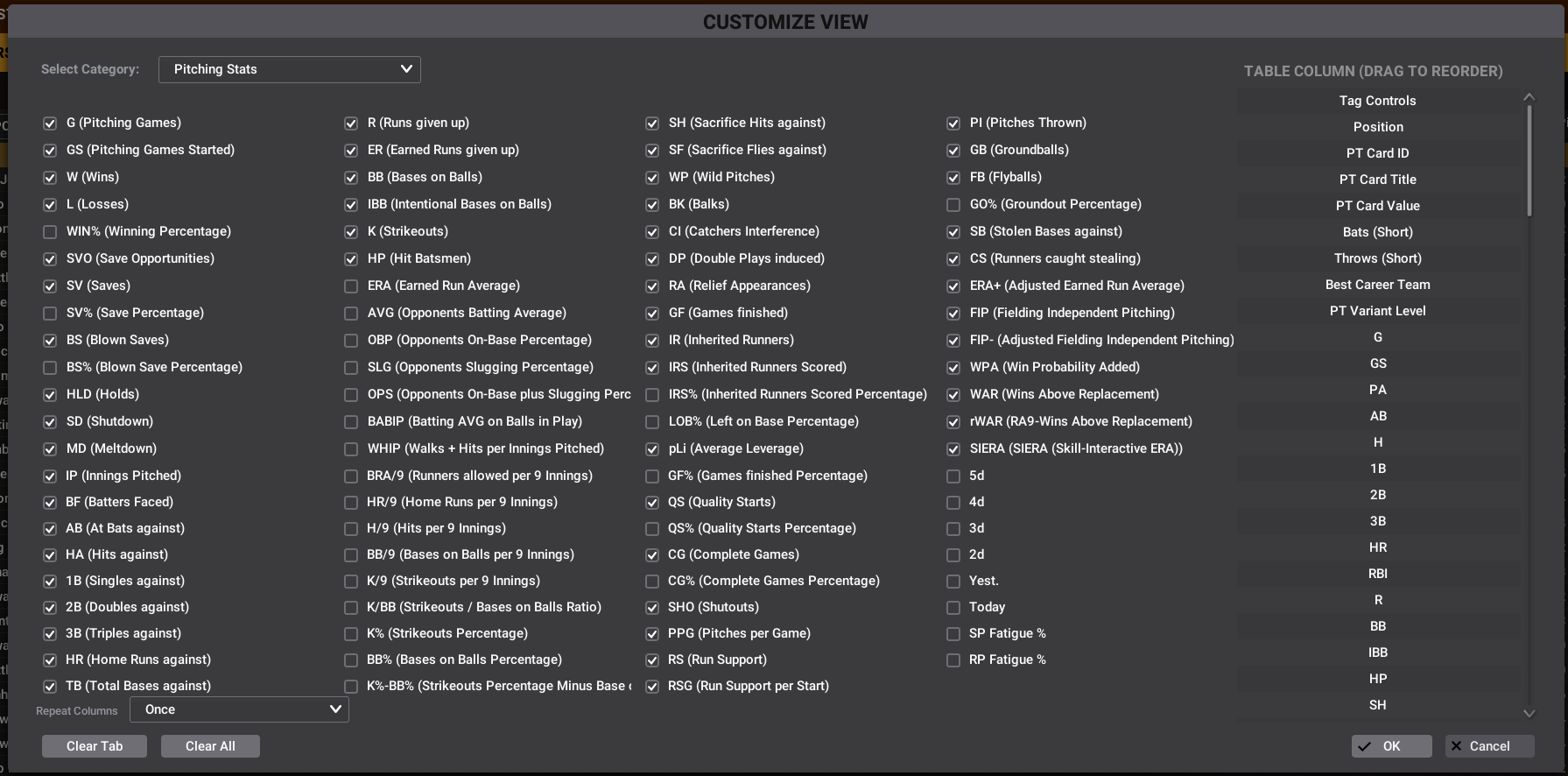 Pitching Stats customize view example