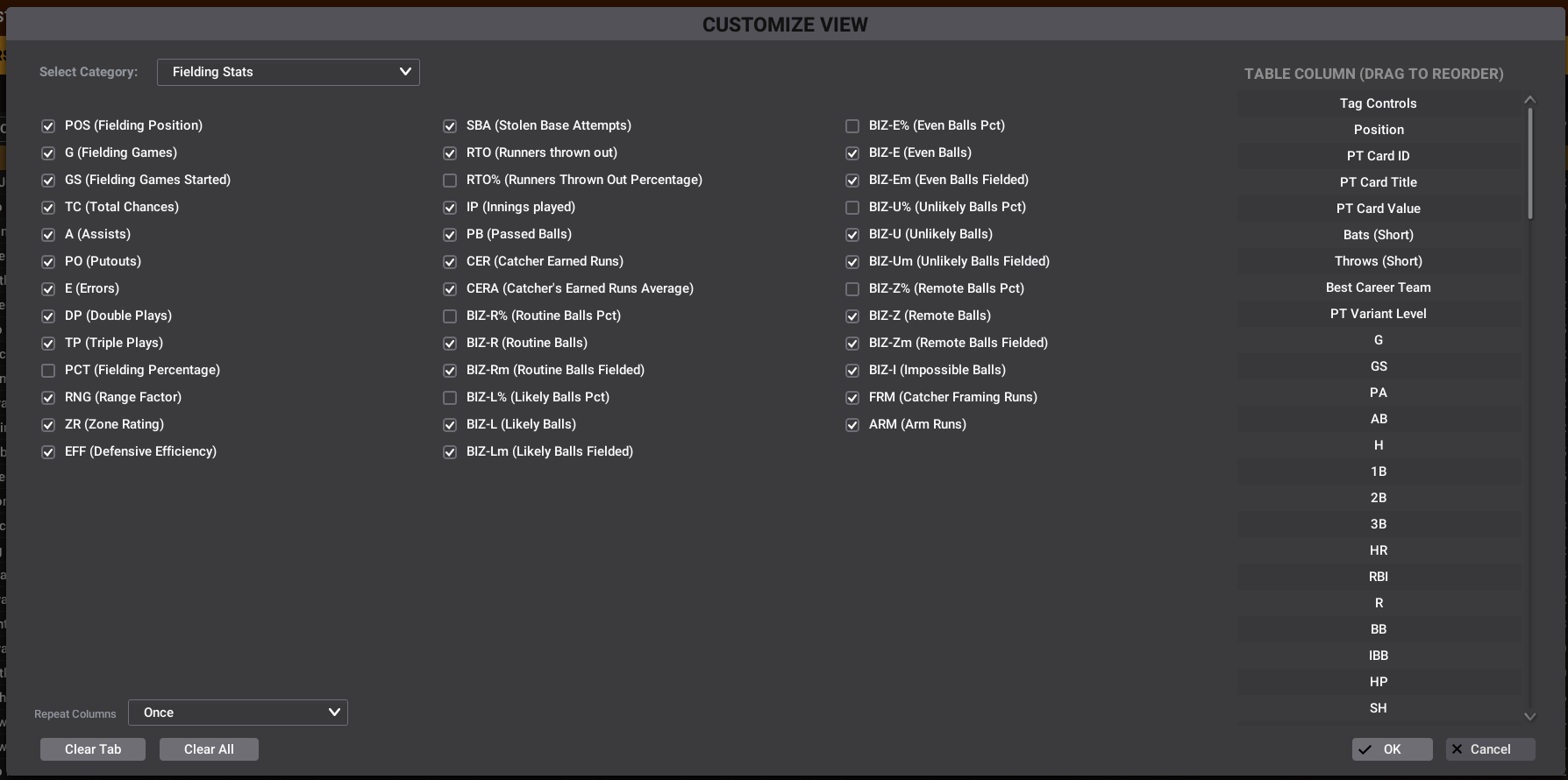 Fielding Stats customize view example